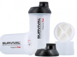 Survival Šejkr transparentní s čiernym víčkem so zásobníkmi 600 + 200 + 150 ml
